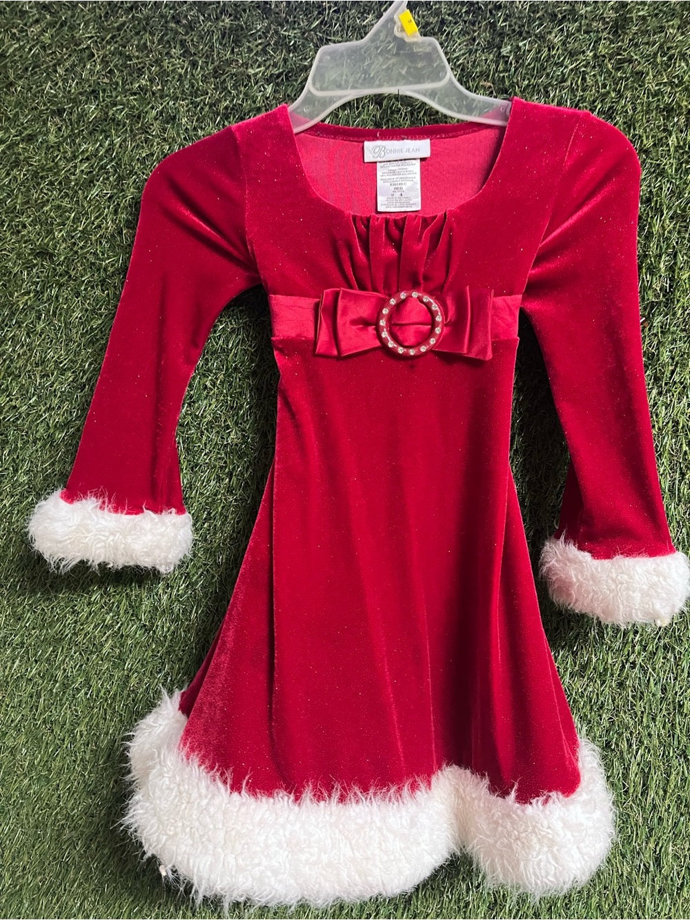 Bonnie Jean Red Velvet Holiday Dress with White Faux Fur Trim